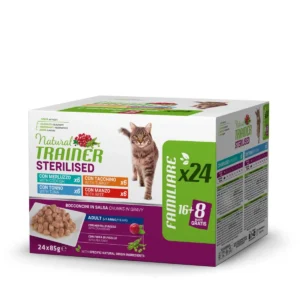 Natural Trainer Sterilised Multipack Familiare Bocconcini in Salsa – 4 Gusti (Merluzzo, Tacchino, Tonno e Manzo) – Cibo Umido per Gatti Sterilizzati o Sedentari (>1 anno) – 24x85g